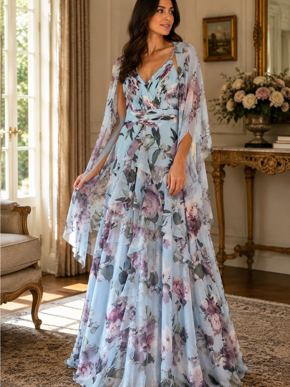 Xscape Light Blue Floral Chiffon Maxi Dress with shawl size 6